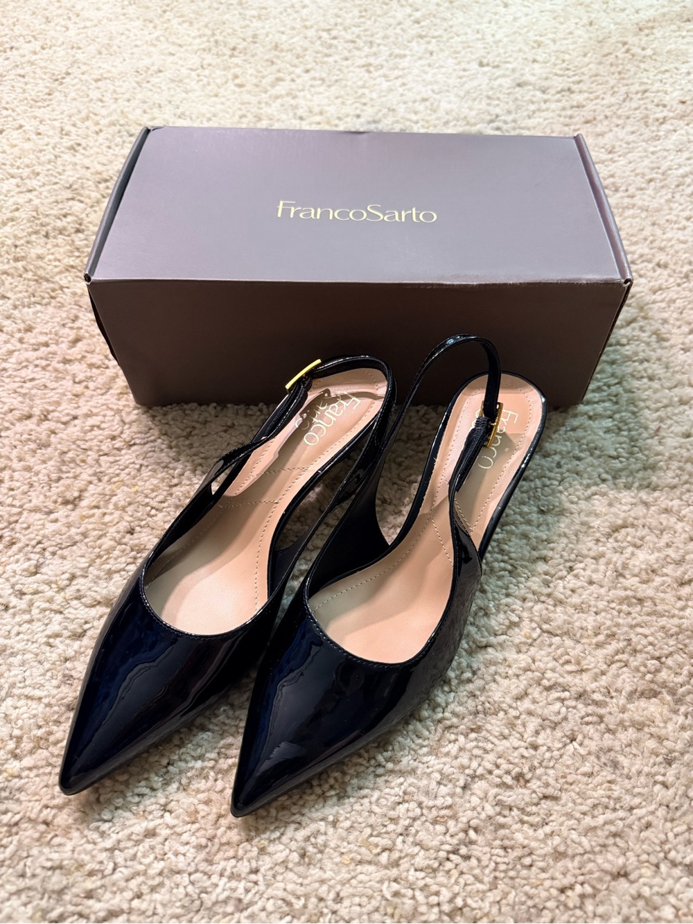 Franco Sarto Women's Black Patent Pointed Toe Slingback Kitten Heels With Box